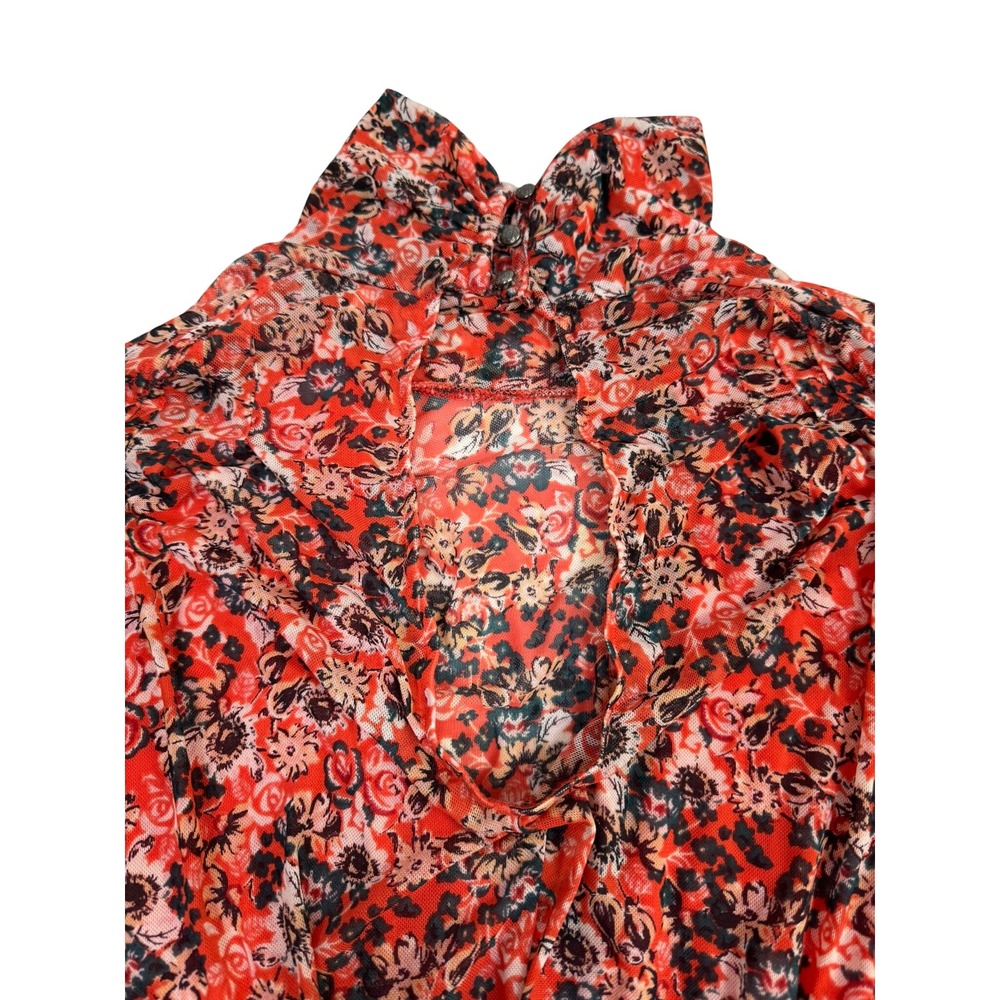 Free People Mesh Floral Mock Neck Crop Top XS Sheer Ruched Sleeve - Picture 5 of 9